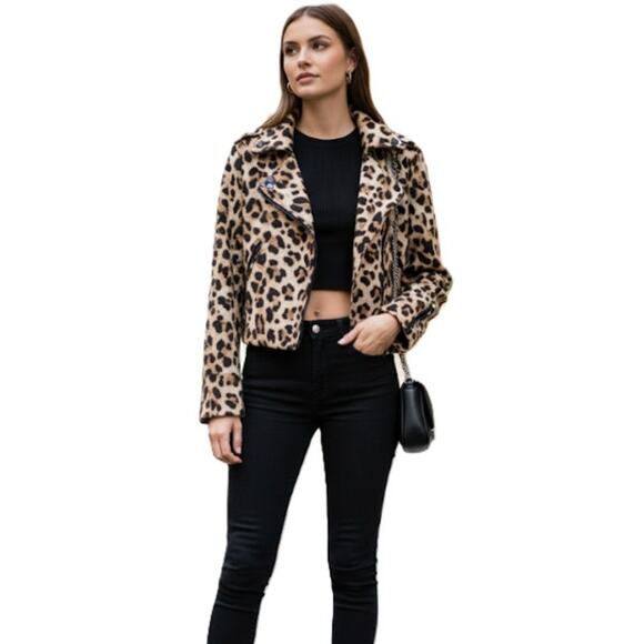 H&M Leopard Print Cropped Moto Jacket Zipper Biker Size US 2 - Picture 1 of 5